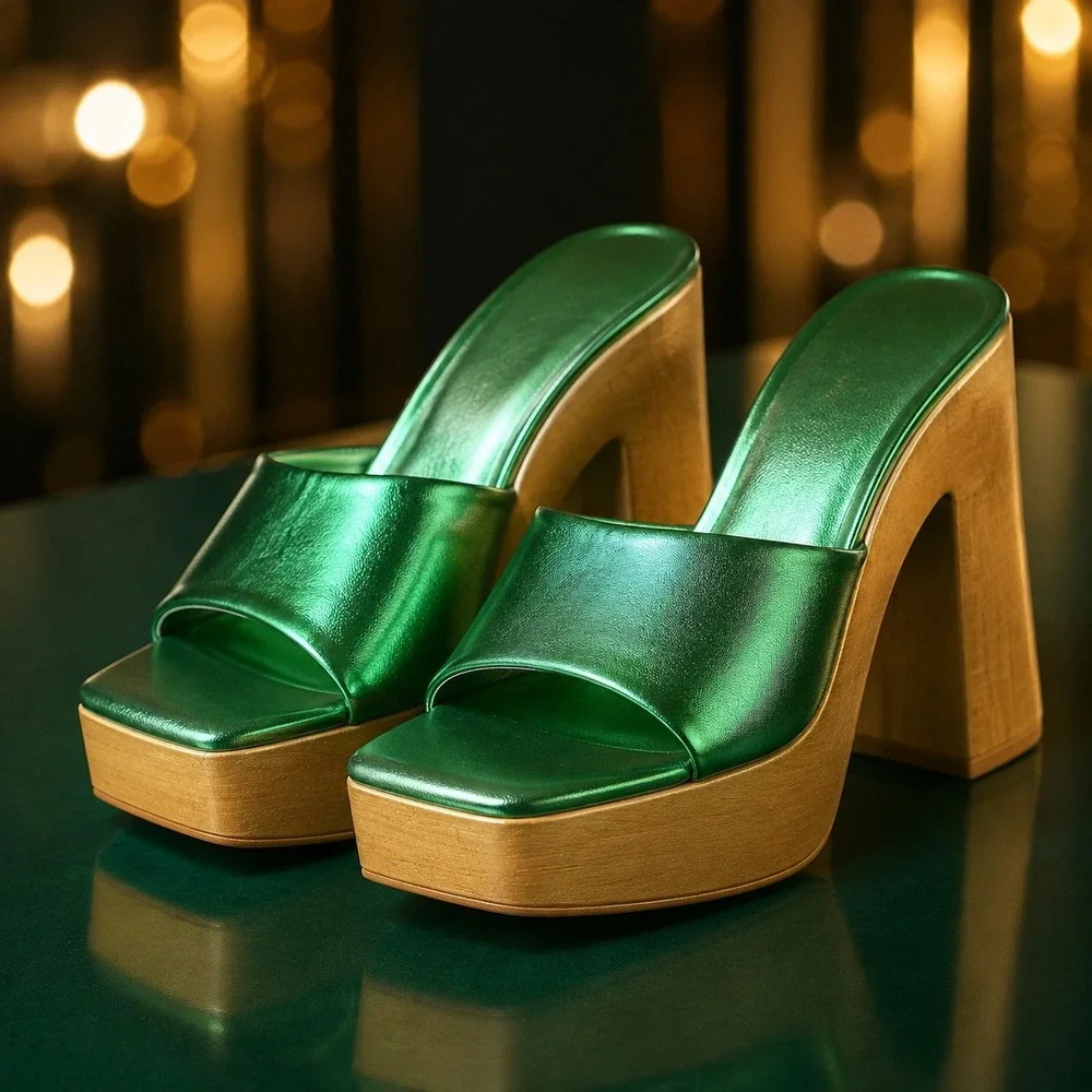 Cape Robbin Enisle Metallic Green Platform Mules Sculptural Wood Heel Size 9